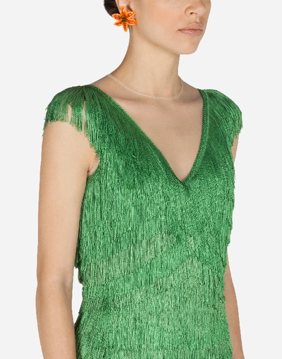 Shop Dolce & Gabbana Longuette Dress With Fringe In Green