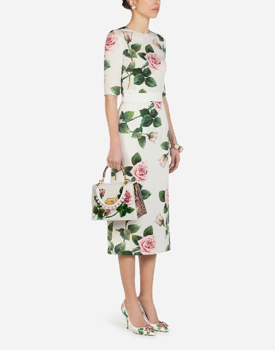 Shop Dolce & Gabbana Midi Pencil Skirt In Tropical Rose Print Charmeuse In Floral Print