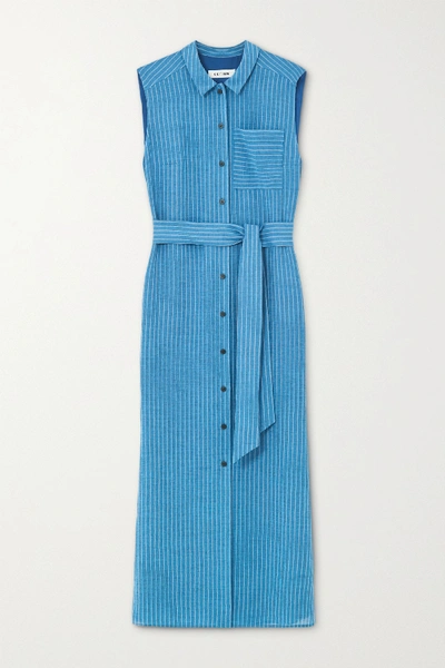 Shop Cefinn Ursula Belted Pinstriped Voile Midi Shirt Dress In Blue