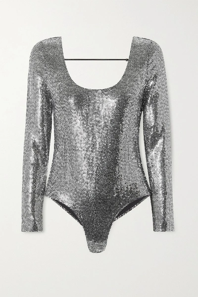 Shop Gucci Patent Leather-trimmed Sequined Stretch-jersey Bodysuit In Silver