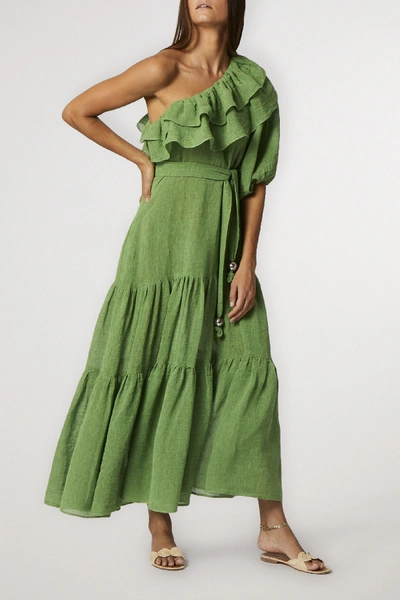 Shop Lisa Marie Fernandez Arden Ruffled One-sleeve Organic Linen-blend Gauze Maxi Dress In Green