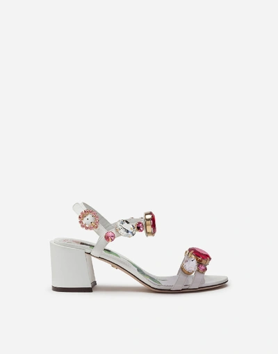 Shop Dolce & Gabbana Patent Leather Sandals With Stone Embroidery In White