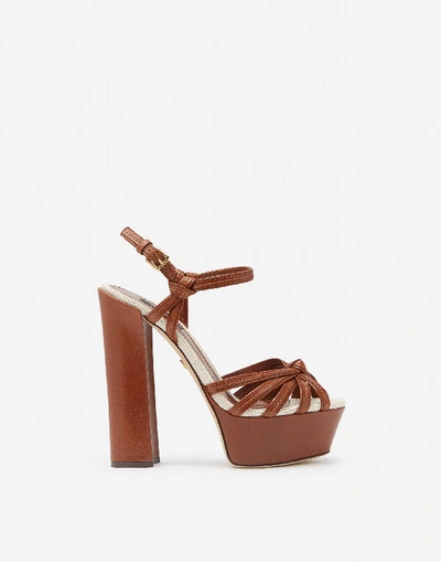 Shop Dolce & Gabbana Wedge Sandals In Polished Cowhide And Canvas In Beige