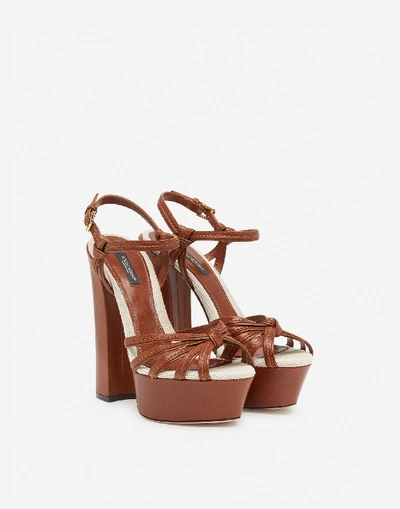 Shop Dolce & Gabbana Wedge Sandals In Polished Cowhide And Canvas In Beige