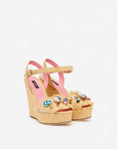 Shop Dolce & Gabbana Wedge Sandals In Tropea Straw With Embroidery In Beige