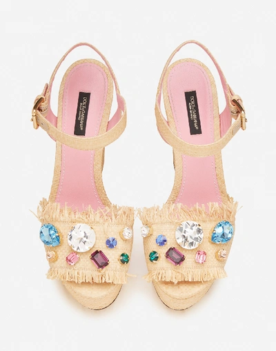 Shop Dolce & Gabbana Wedge Sandals In Tropea Straw With Embroidery In Beige