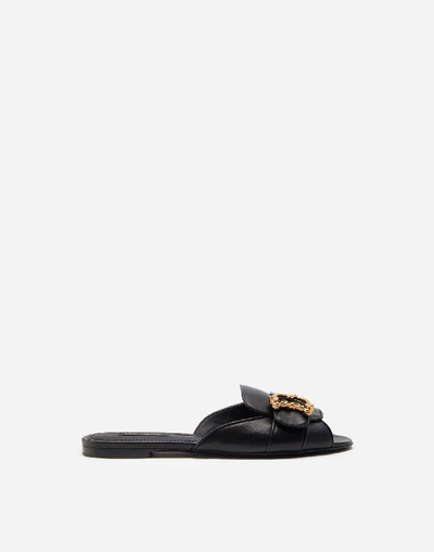 Shop Dolce & Gabbana Nappa Leather Sliders With Baroque D & G Logo In Black