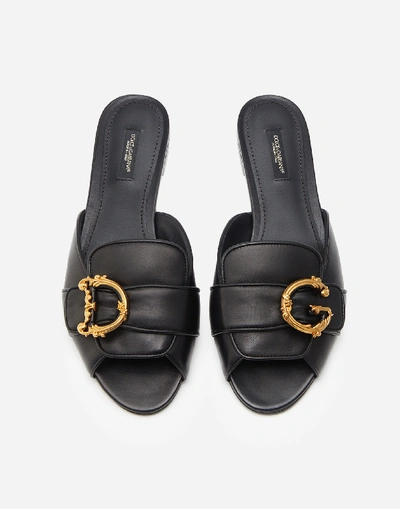 Shop Dolce & Gabbana Nappa Leather Sliders With Baroque D & G Logo In Black