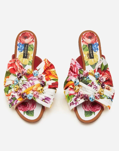 Shop Dolce & Gabbana Braided Raffia Sliders With Bejeweled Bow In Floral Print