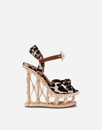 Shop Dolce & Gabbana Wedges In Wicker And Raffia With Flocked Leopard Print And Bejeweled Buckle In Animal Print