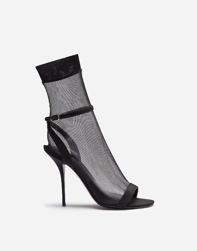 Shop Dolce & Gabbana Grosgrain Sandals With Sock In Stretch Tulle In Black