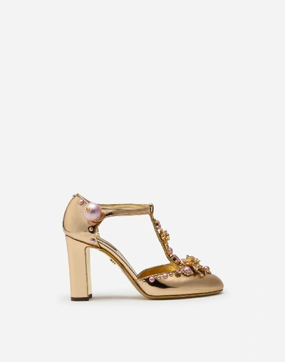 Shop Dolce & Gabbana Mirrored Calfskin T-strap Shoes With Jewel Embroidery