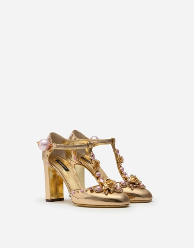 Shop Dolce & Gabbana Mirrored Calfskin T-strap Shoes With Jewel Embroidery