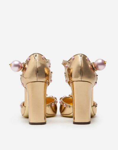 Shop Dolce & Gabbana Mirrored Calfskin T-strap Shoes With Jewel Embroidery