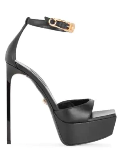 Shop Versace Safety Pin Leather Platform Sandals In Nero