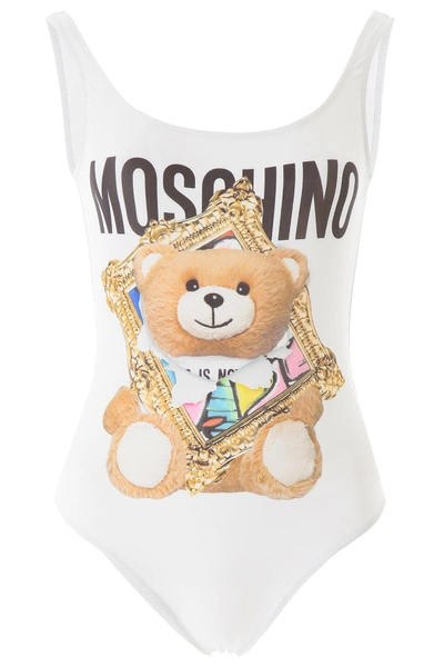 Shop Moschino Teddy Bear Swimsuit In Fantasia Bianco (white)
