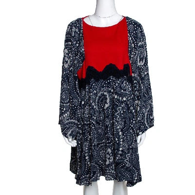 Pre-owned Chloé Navy Blue & Red Daisy Chain Print Lace Detail Short Dress L