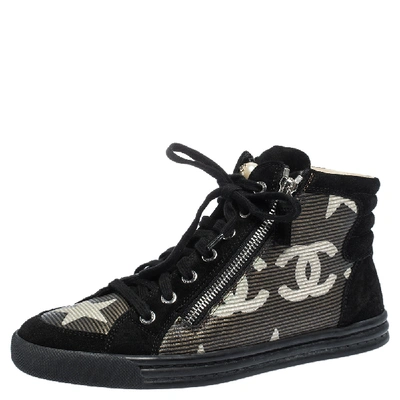 Pre-owned Chanel Black/grey Suede And Leather Cc Double Zip Accent High Top Trainers Size 38