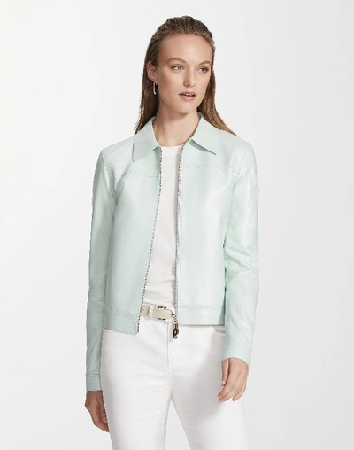 Shop Lafayette 148 Petite Pearlized Nappa Leather Nash Jacket In Blue