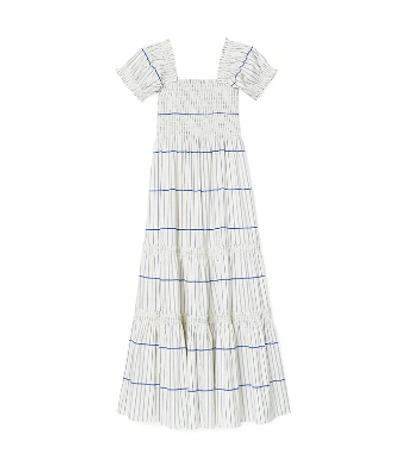 Shop Tory Burch Smocked Midi Dress In Ivory/duchess Blue Stripe