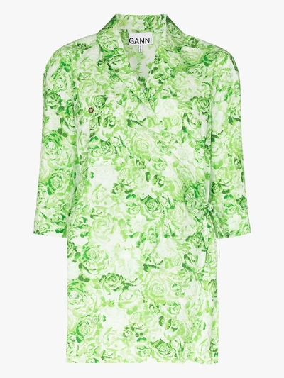 Shop Ganni Oversized Floral Print Wrap Shirt In Green