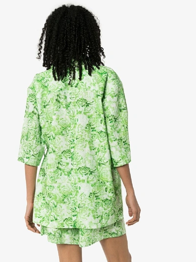 Shop Ganni Oversized Floral Print Wrap Shirt In Green