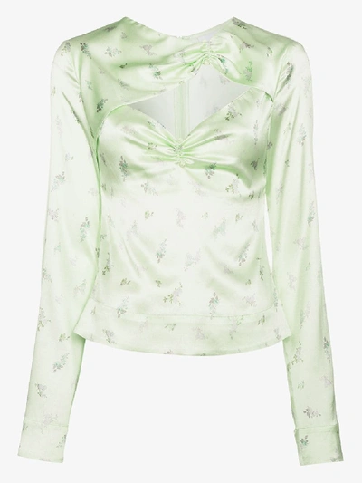 Shop Ganni Cutout Floral Print Silk Top In Green