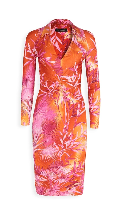 Shop Versace Palm Print Jersey Low-v Dress In Fuchsia/arancio