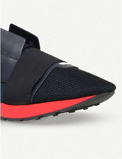 Shop Balenciaga Race Runners Panelled Mesh, Leather And Knitted Low-top Trainers In Blue/drk.c