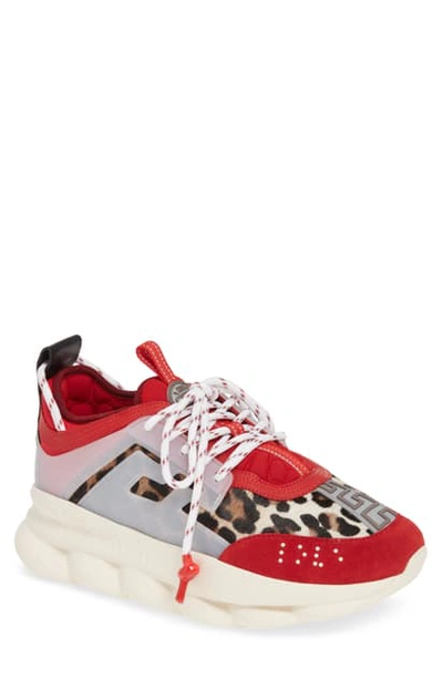 Shop Versace Chain Reaction Sneaker In Poster Red/ Camel Calf Hair