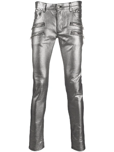 Shop Balmain Zipped Detail Slim Jeans In Grey