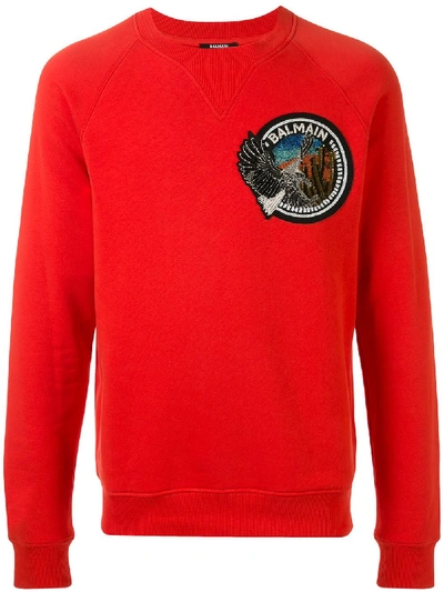 Shop Balmain Embroidered Patch Sweatshirt In Red