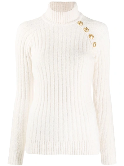 Shop Balmain Button-embellished Knitted Jumper In White