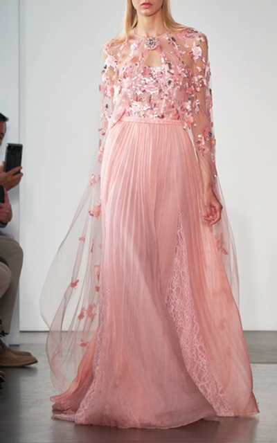 Shop Pamella Roland Sequin-embroidered Chiffon Cape In Pink