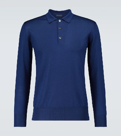Shop Thom Sweeney Long-sleeved Merino Wool Polo Shirt In Blue