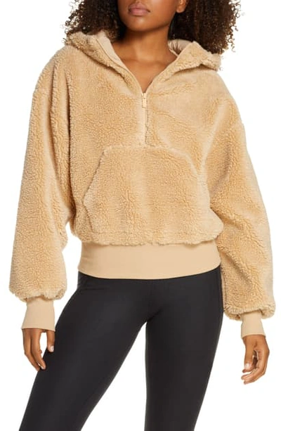 Shop Alo Yoga Streetside Half Zip Faux Fur Hoodie In Camel