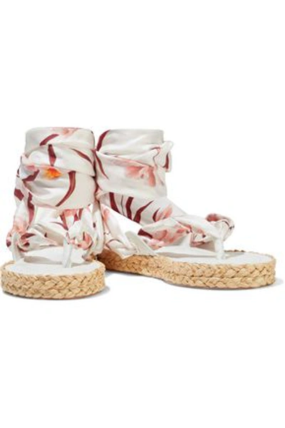 Shop Zimmermann Scarf Tie Leather-trimmed Printed Silk-twill Espadrille Sandals In Ivory