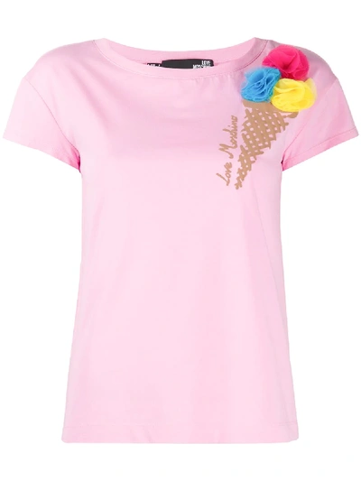 Shop Love Moschino Ice-cream Embroidered T-shirt In Pink