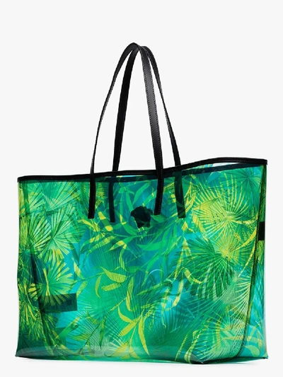 Shop Versace Green Jungle Print Transparent Tote Bag In Blue