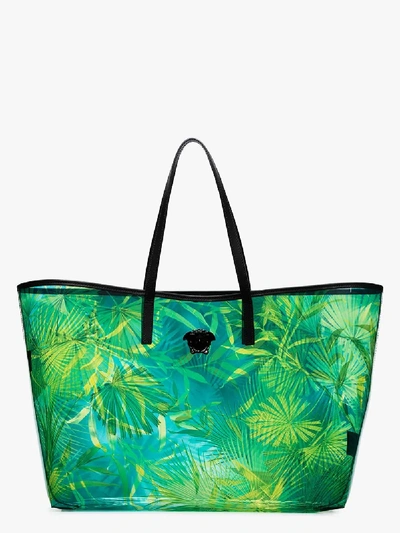 Shop Versace Green Jungle Print Transparent Tote Bag In Blue