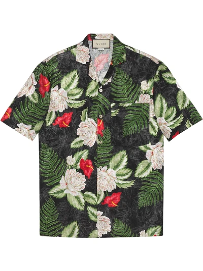 Shop Gucci Leaf-print Short-sleeved Shirt In Black