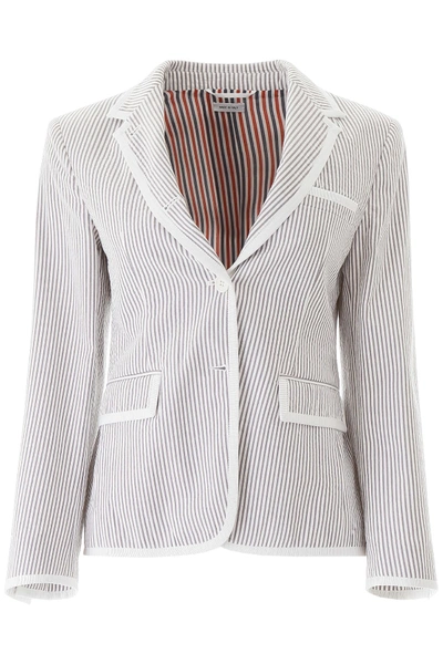 Shop Thom Browne Striped Seersucker Blazer In Med Grey (white)