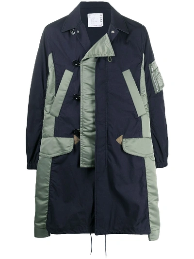 Shop Sacai Contrast Panelled Buttoned Coat In Blue