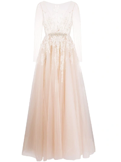 Shop Loulou Sheer-sleeved Bridal Gown In Neutrals