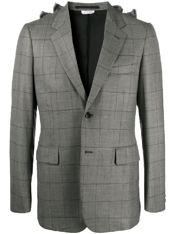 Comme Des Garcons Homme Deux Ruffled Back Check Blazer In Grey Modesens