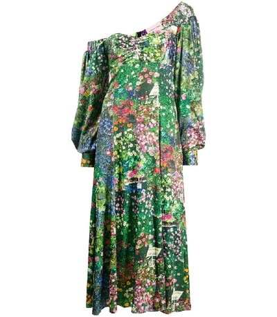 Shop Natasha Zinko Green Floral Off-shoulder Dress