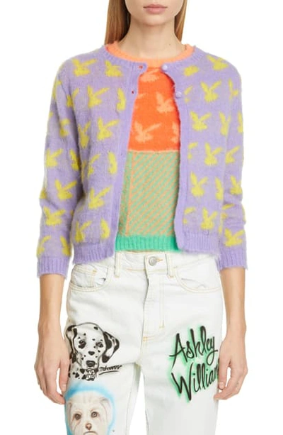 Shop Ashley Williams Playboy Bunny Float Jacquard Mohair Crop Cardigan In Lilac/ Yellow