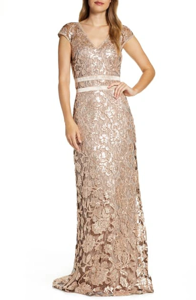 Shop Tadashi Shoji Sequin Lace A-line Gown In Ginseng/ Pale Pink