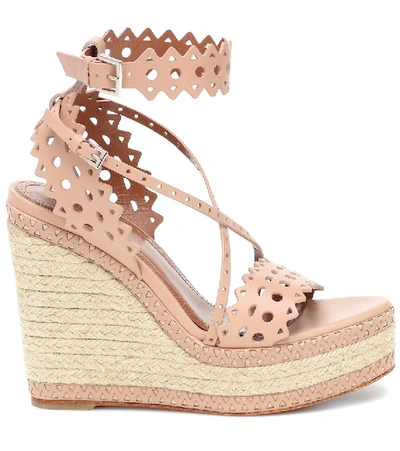 Shop Alaïa Leather Wedge Espadrille Sandals In Neutrals