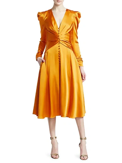 Shop Jonathan Simkhai Sateen Long-sleeve Ruched Dress In Turmeric
